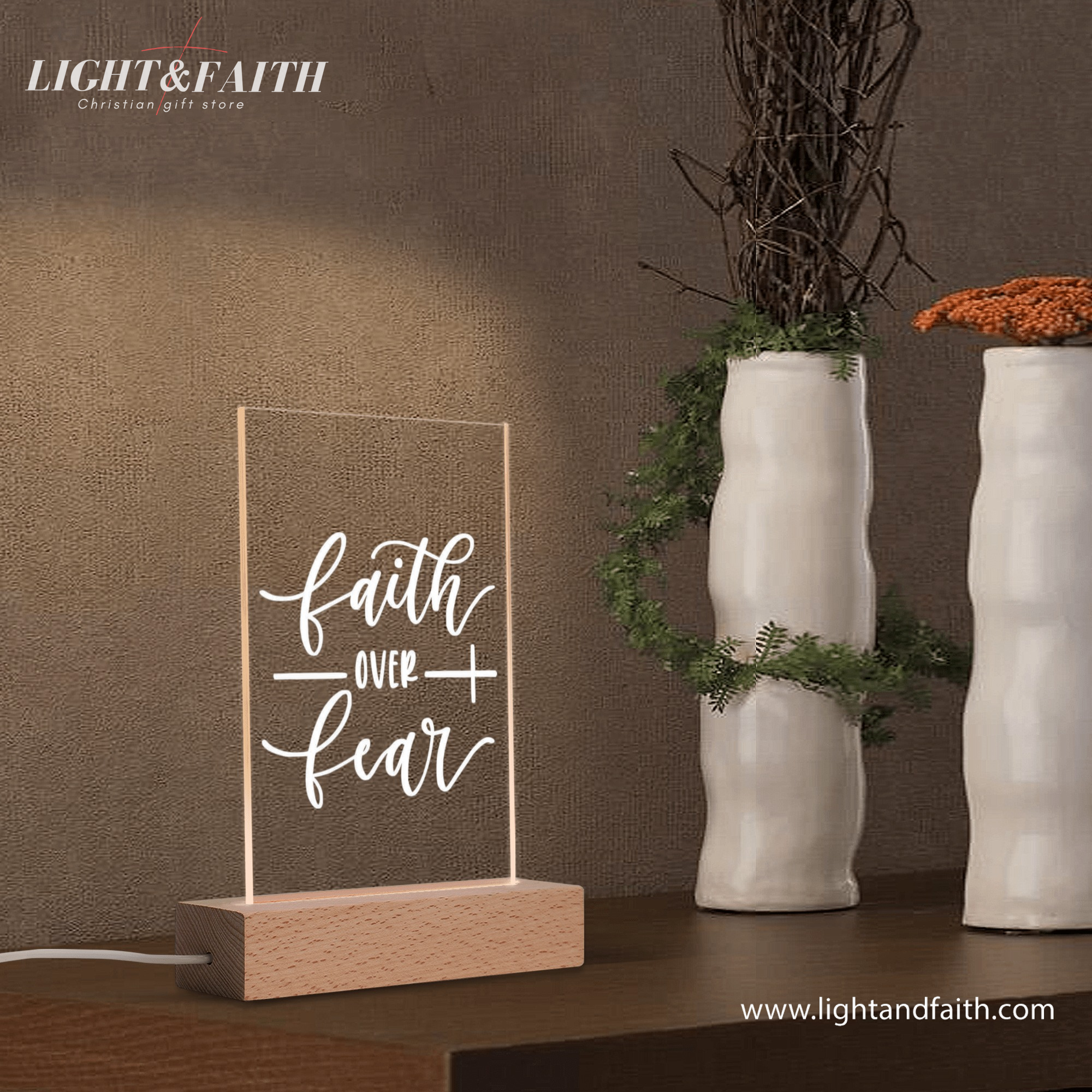 Faith Over Fear LED Light, Christian Bible Verse Lamp, Christian Home Decor, Faith Based Decor, Religious LED Light.  NLLAF29